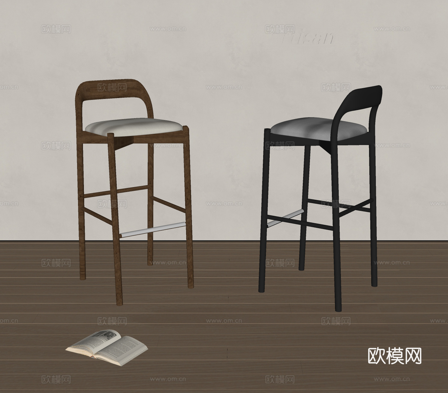 Artisan现代吧椅 椅子 实木吧凳 布艺吧椅su模型