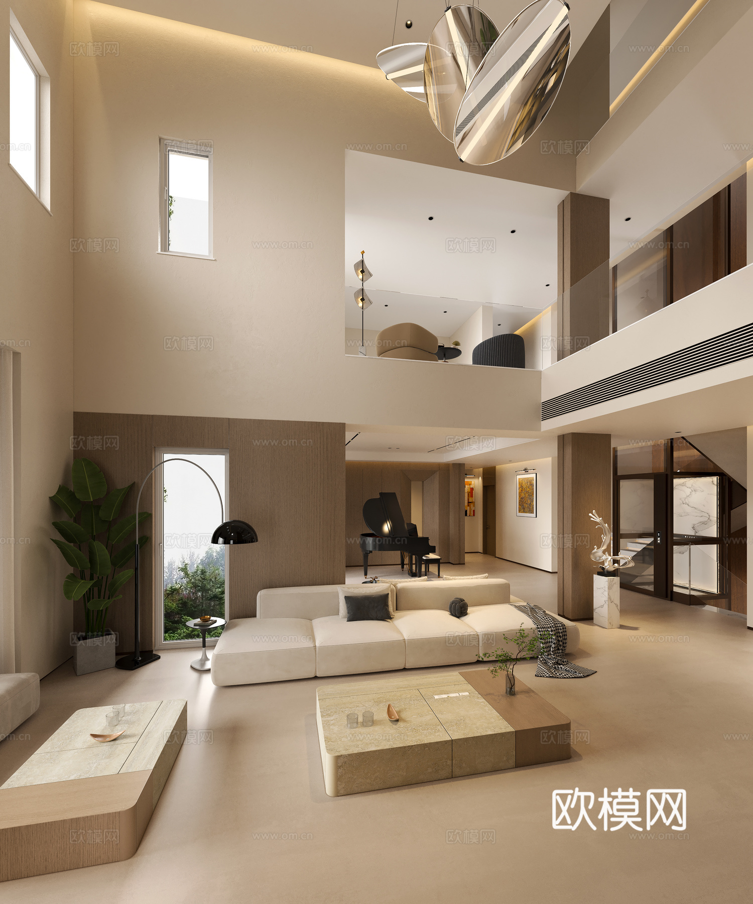 现代复式挑空客厅 现代意式别墅客厅 现代简约复式客厅 别墅客su模型