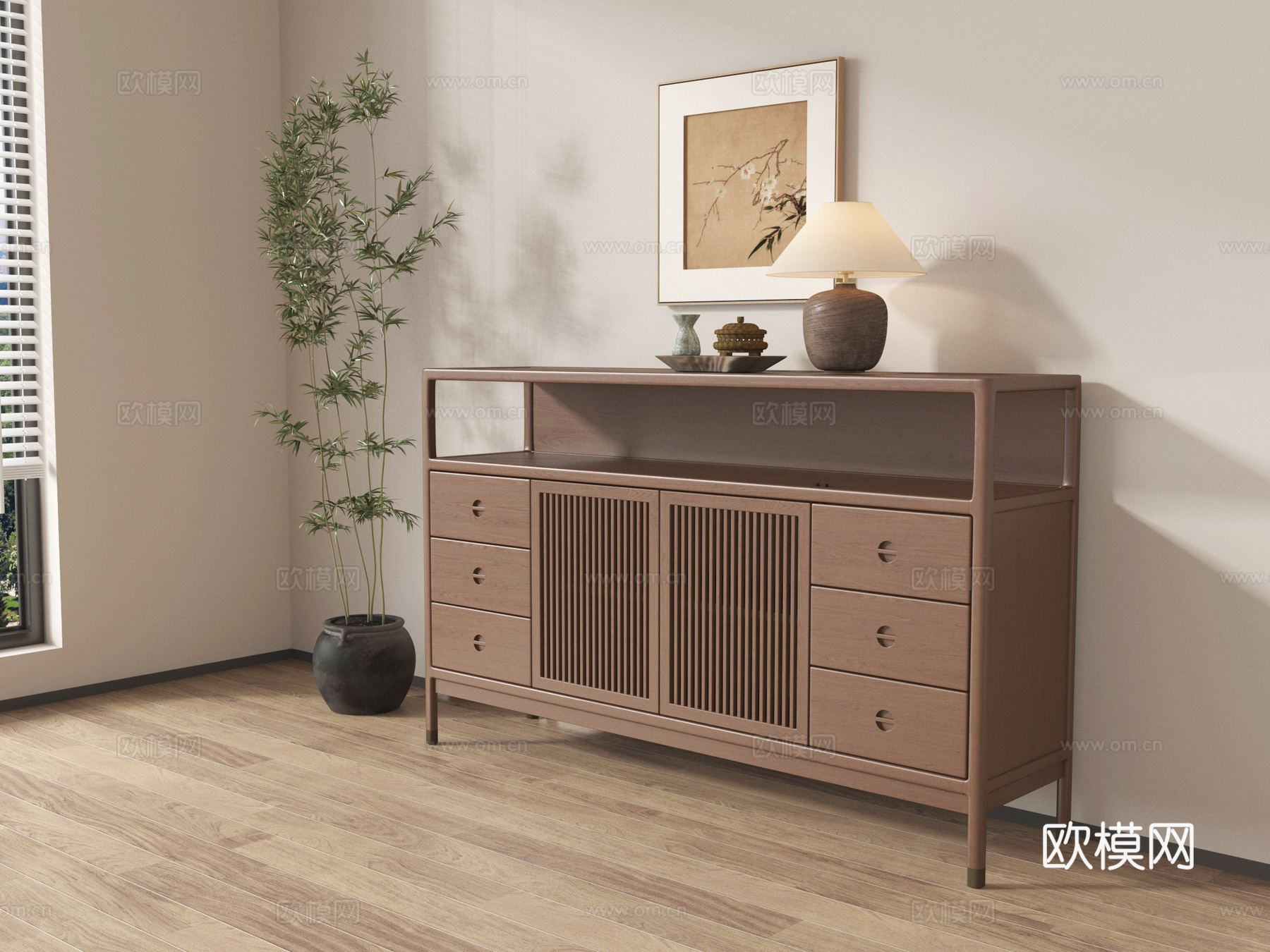 新中式玄关柜 边柜 储物柜 装饰柜 挂画 摆件su模型