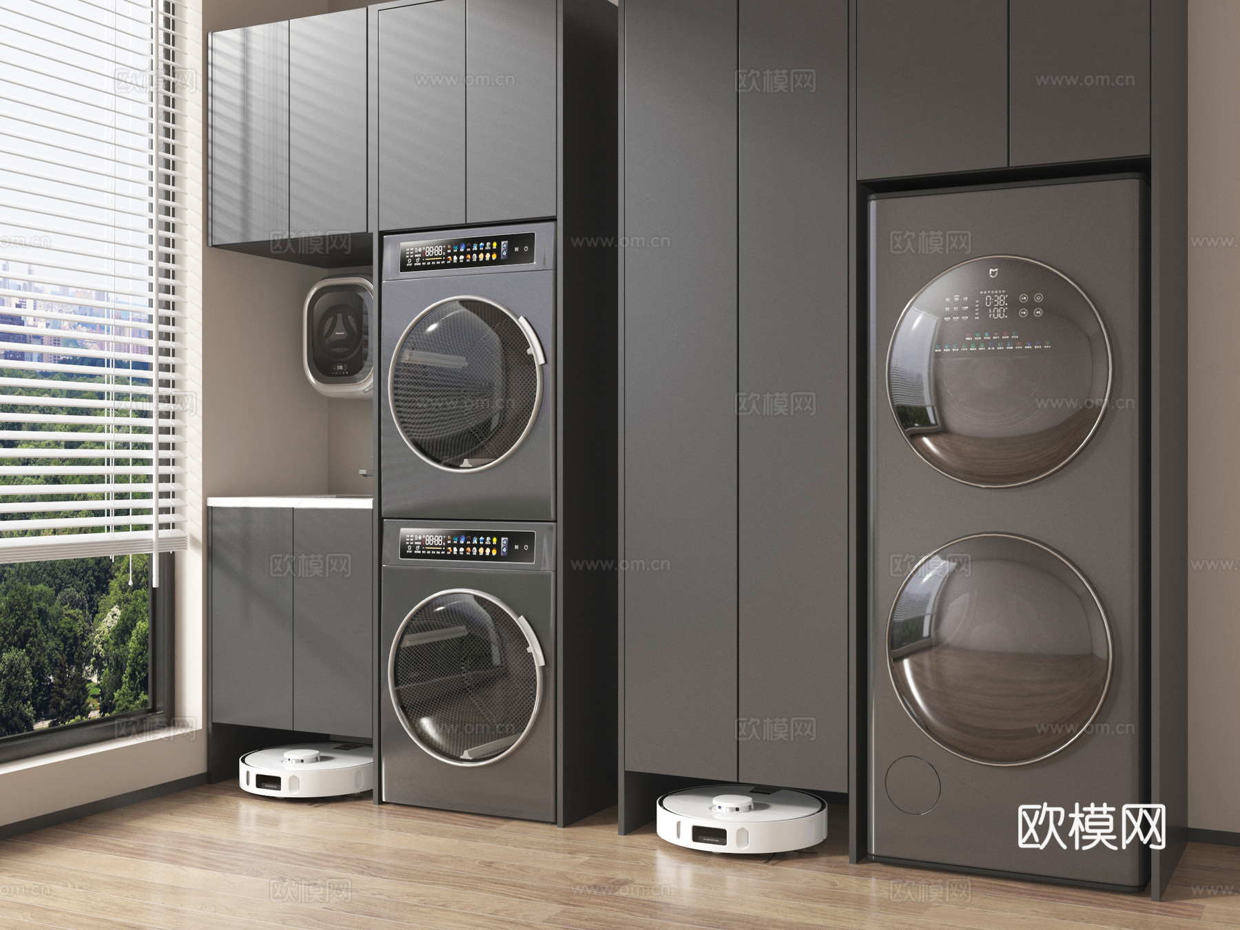 现代洗衣机柜 阳台柜 洗衣机 烘干机 洗烘一体机 壁挂洗衣机su模型