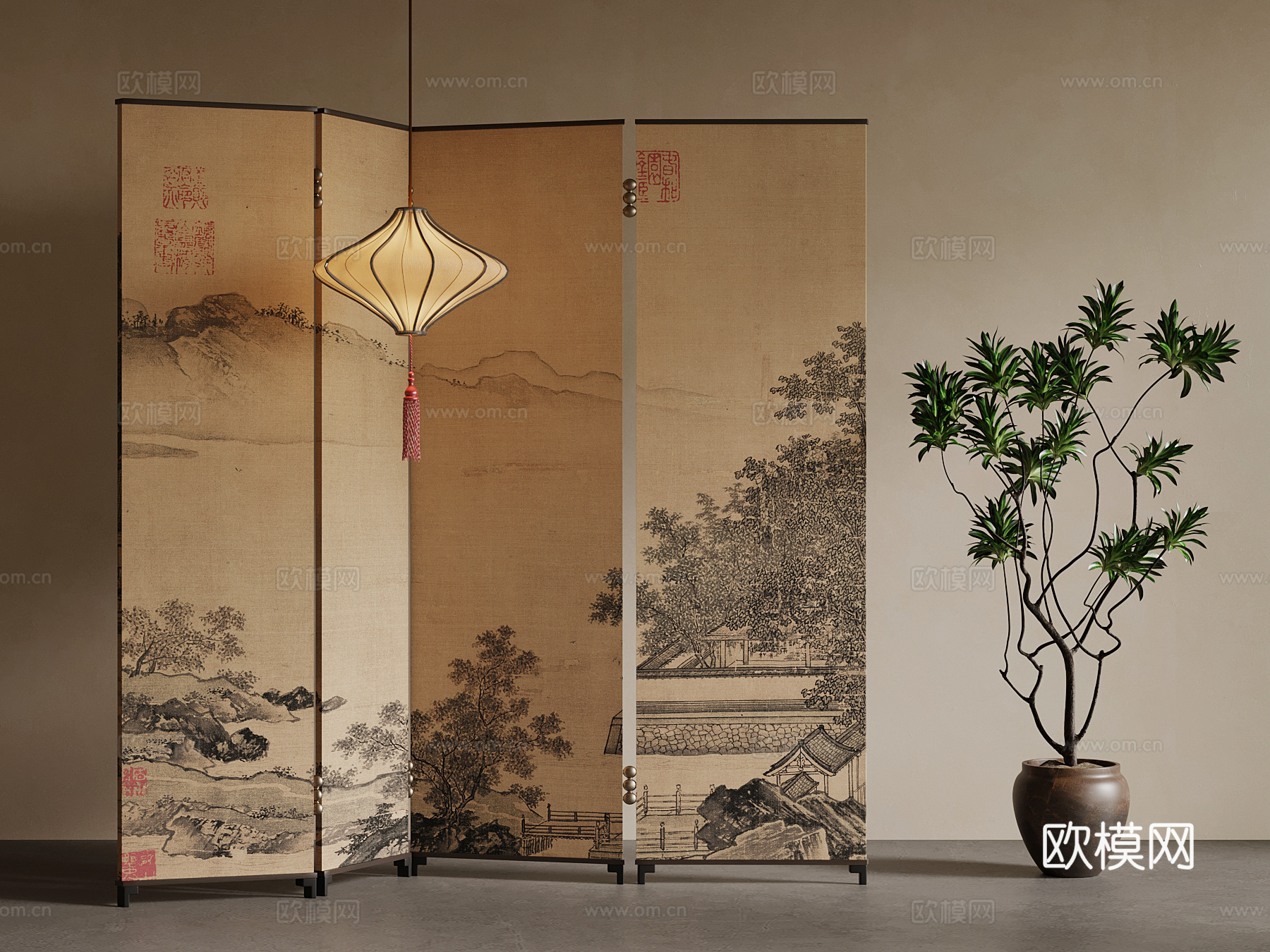 新中式屏风 宋氏风隔断su模型