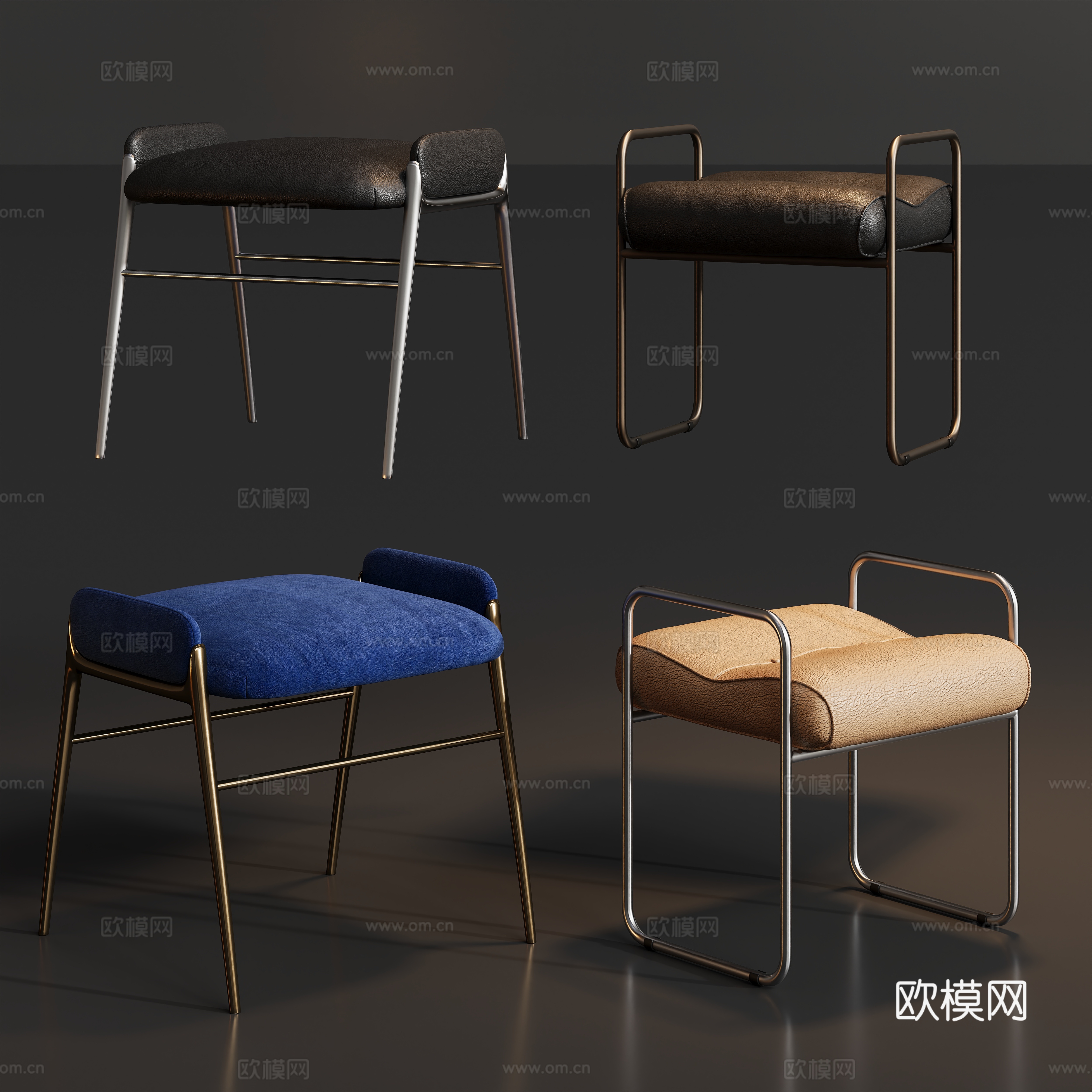 梳妆金属皮凳子su模型下载（渲染图1）