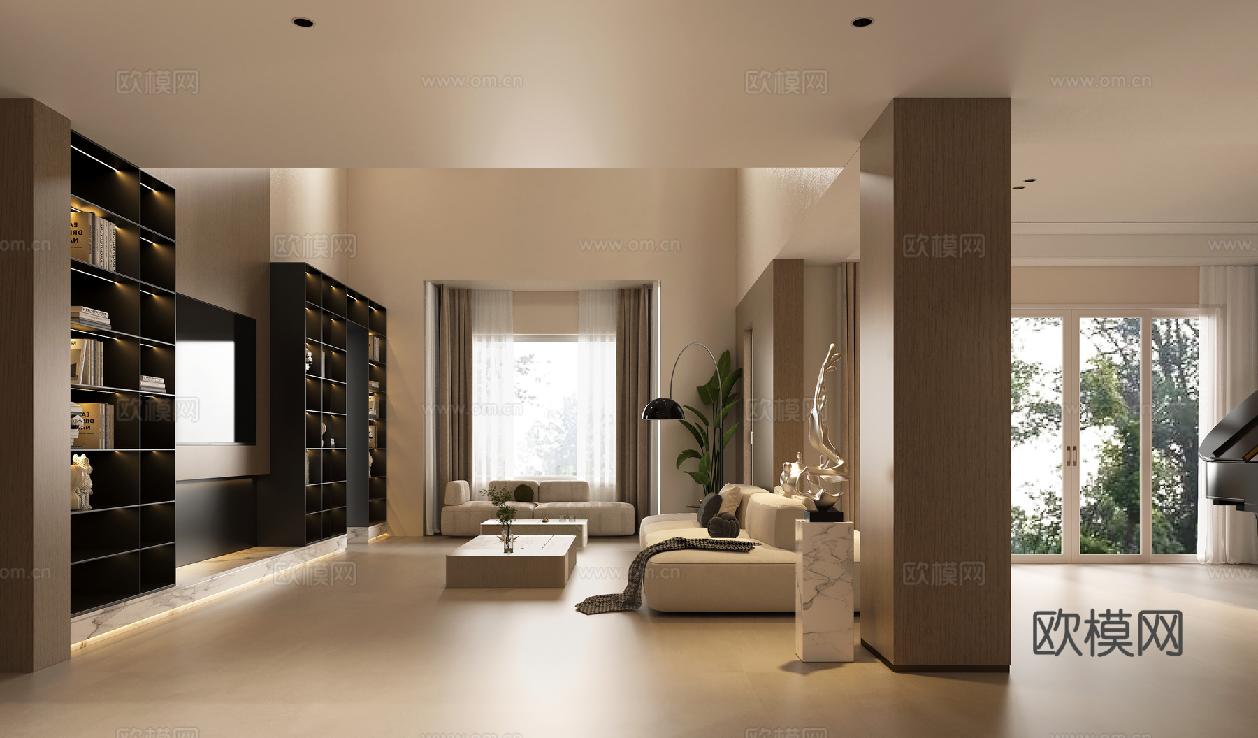 现代复式客厅沙发 现代意式复式客厅 现代复式电视墙 极简书柜su模型