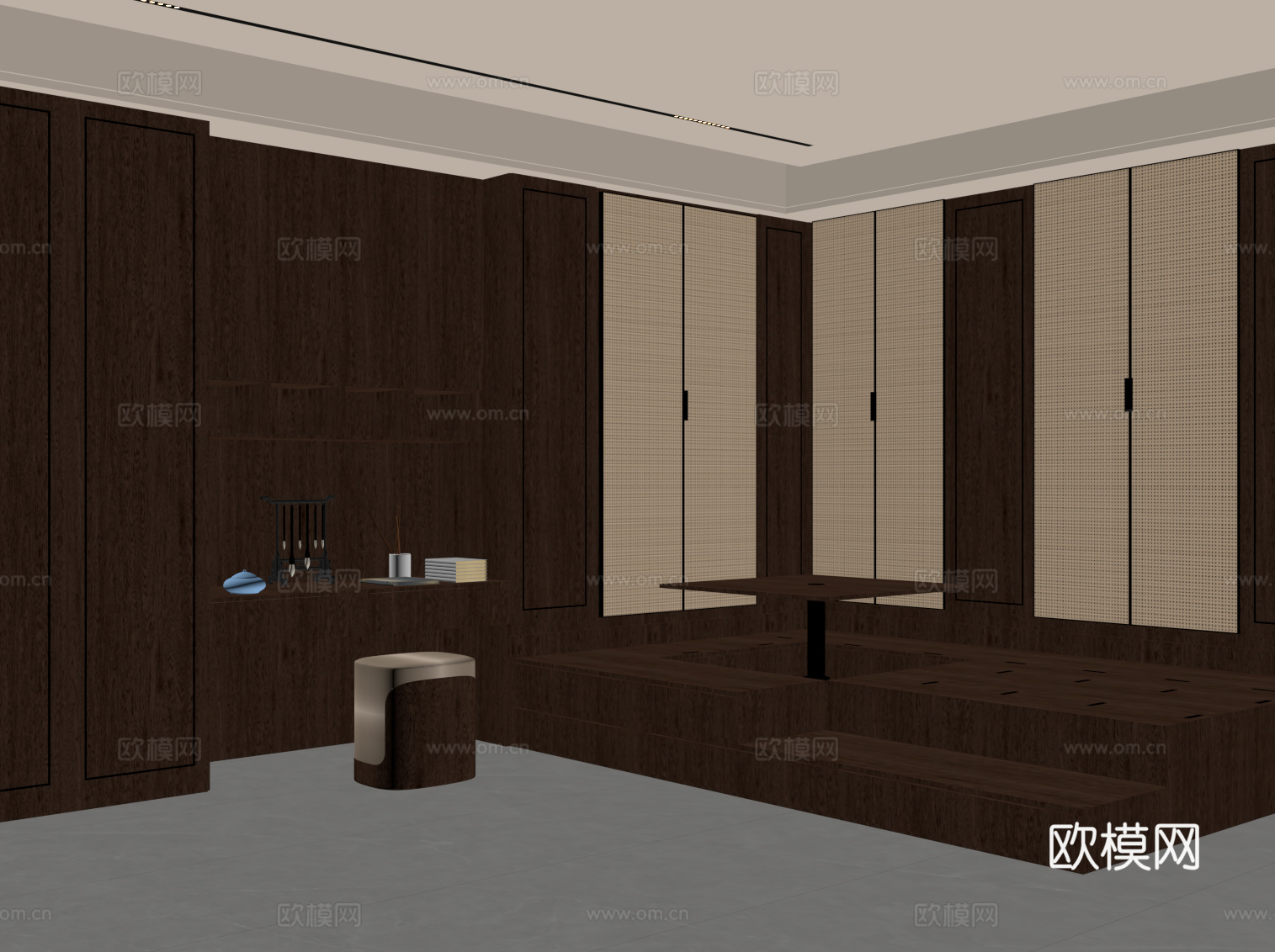 新中式榻榻米卧室 书桌 衣柜su模型