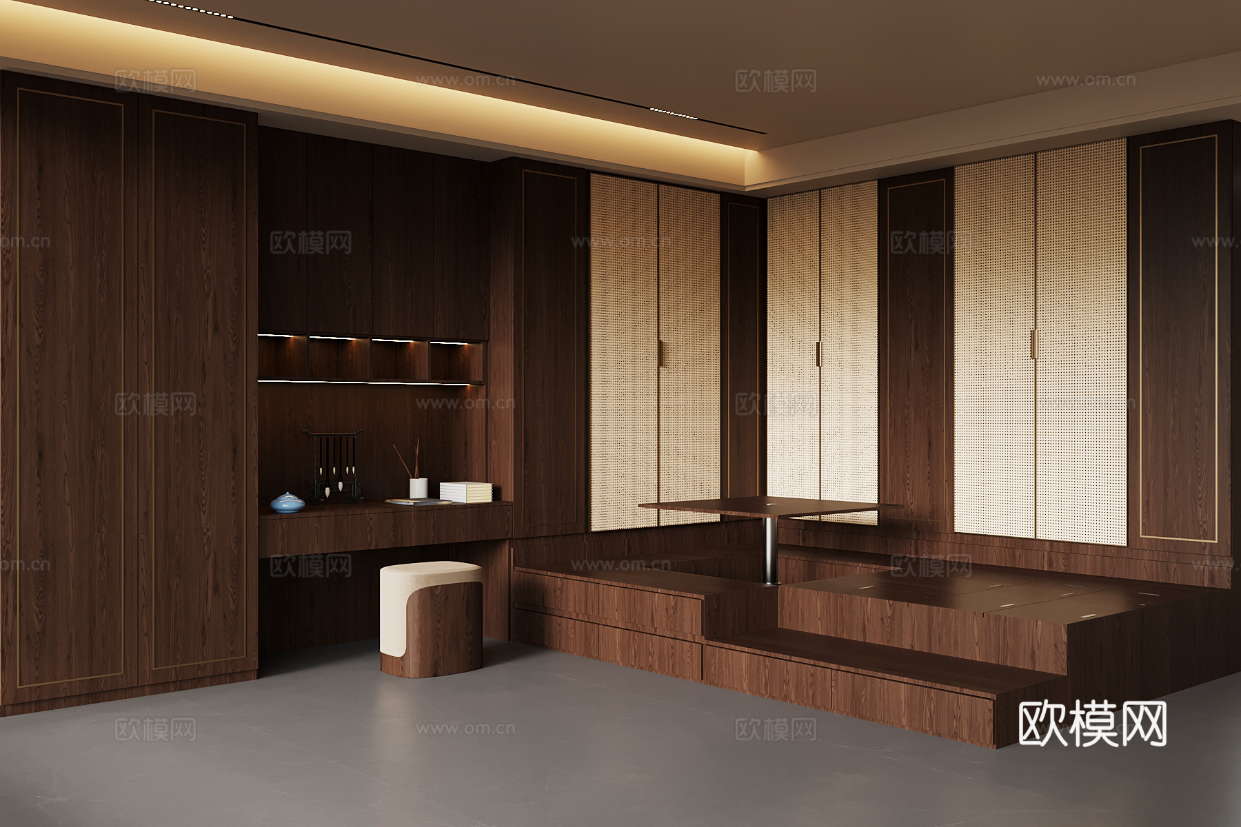 新中式榻榻米卧室 书桌 衣柜su模型