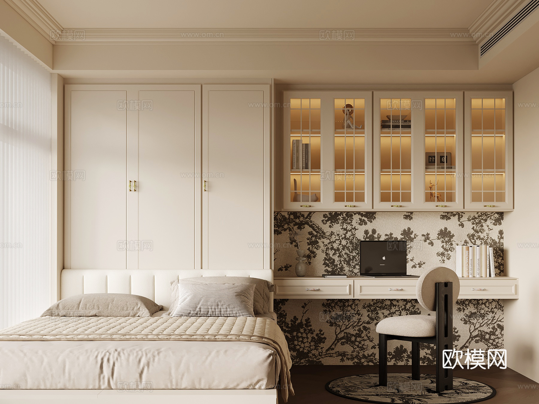 法式奶油风榻榻米卧室su模型
