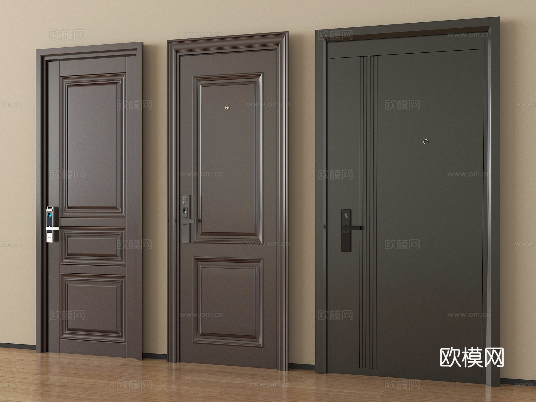 现代入户门 防盗门 密码锁指纹锁  实木单开门su模型