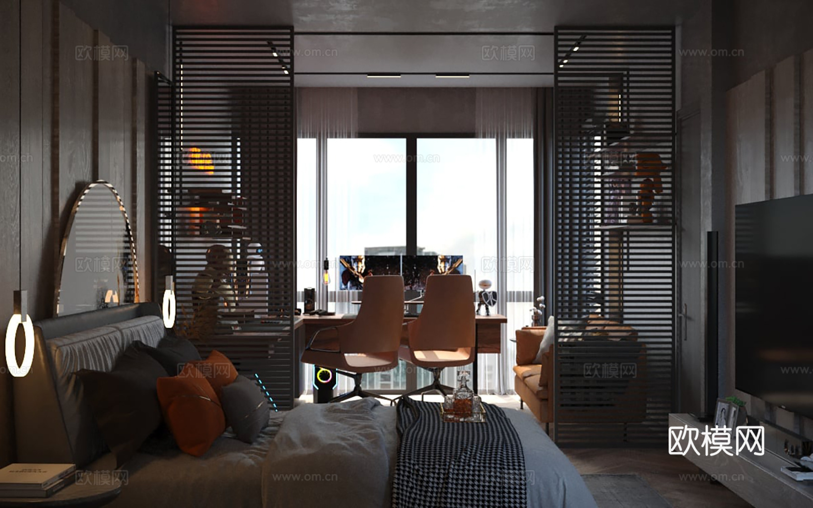 现代轻工业风公寓卧室 卧室工作室电竞房一体 酒店客房3d模型