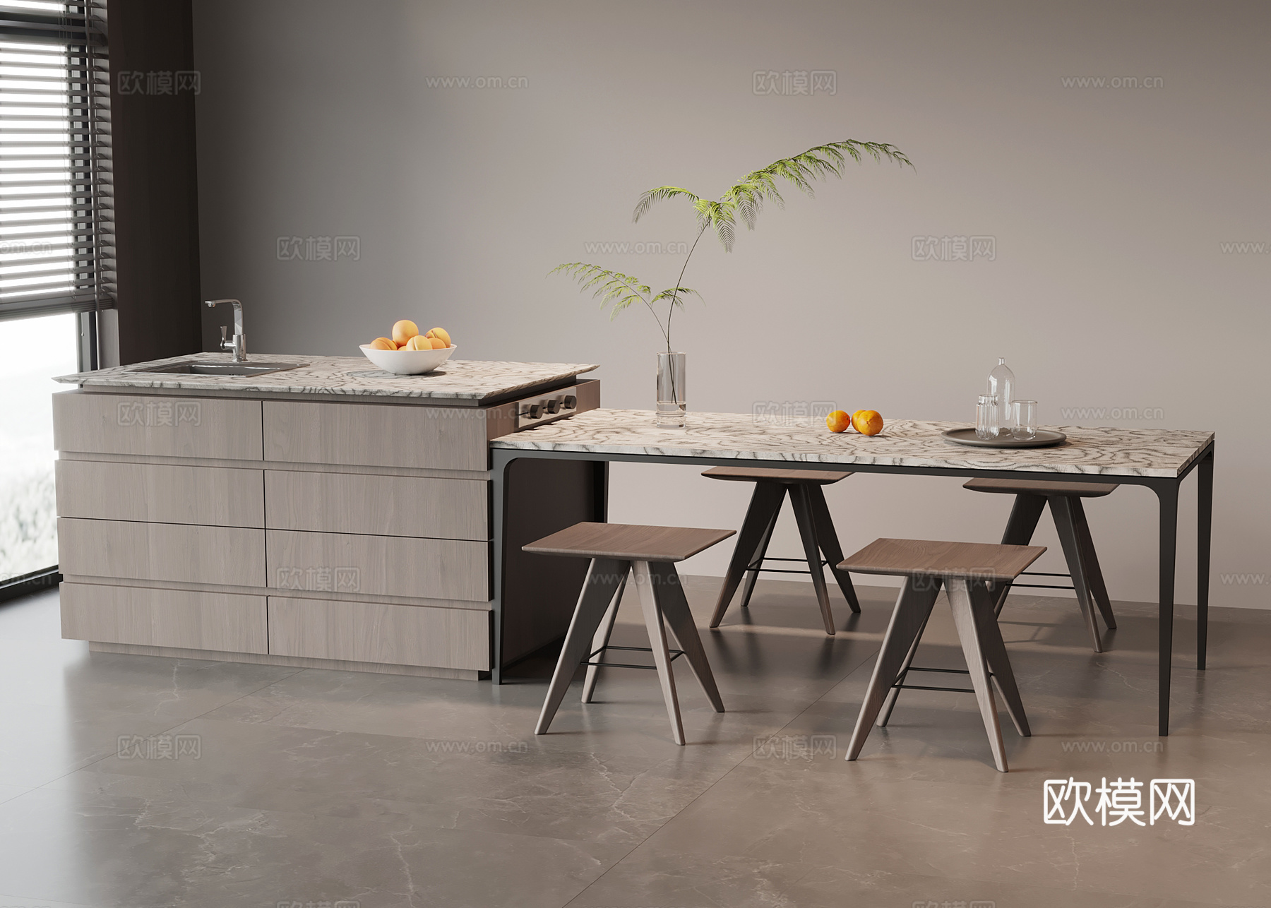 现代意式餐桌椅 岛台餐桌椅su模型