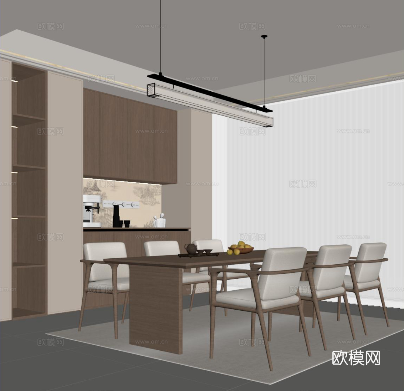 新中式餐厅 餐桌椅 酒柜su模型