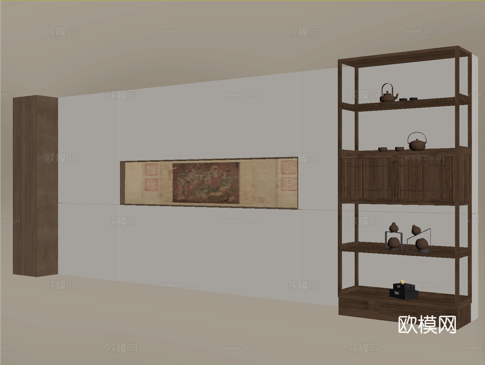 新中式背景墙 置物架 茶柜 茶具su模型