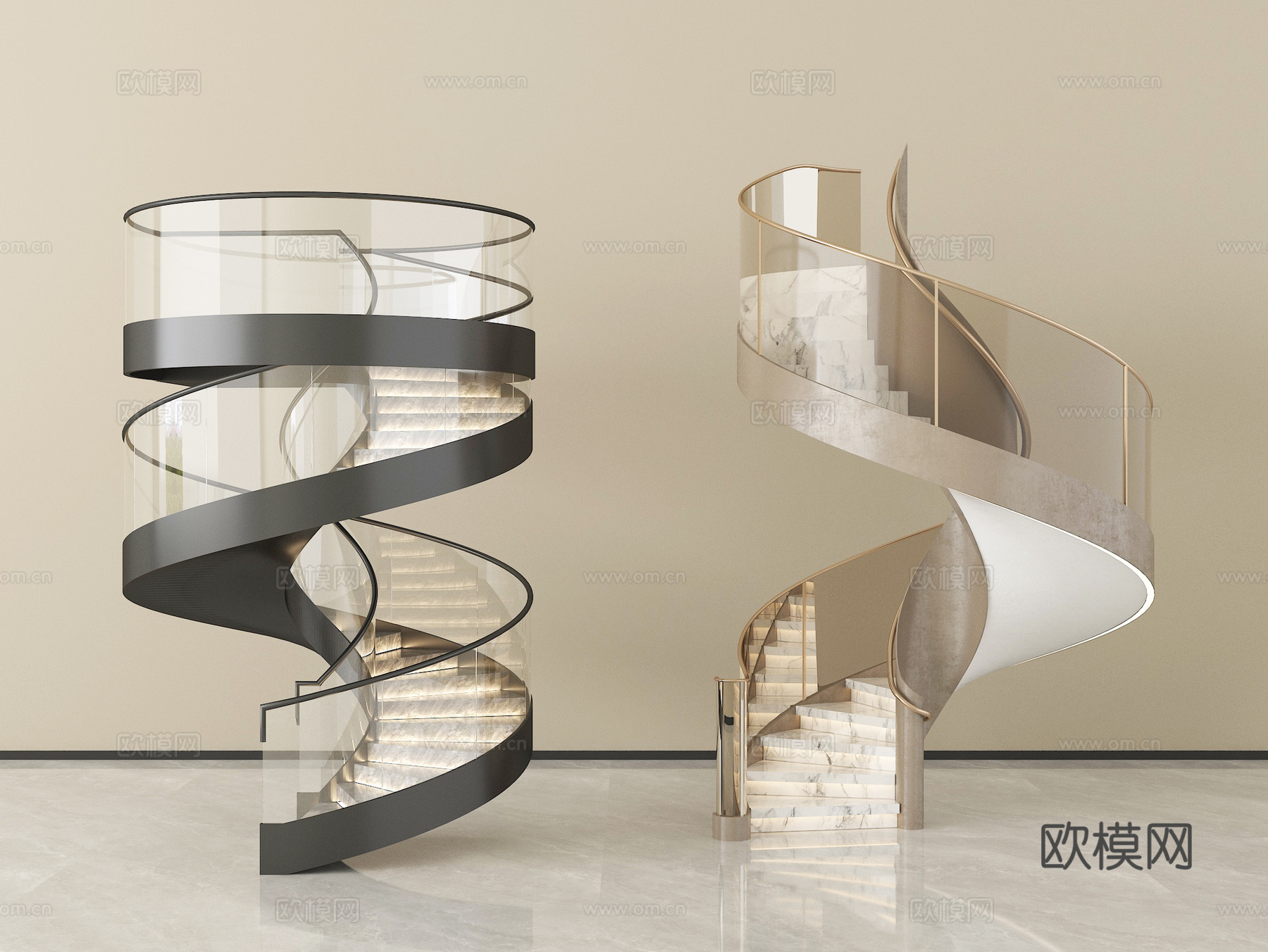 现代旋转楼梯 玻璃扶手楼梯su模型