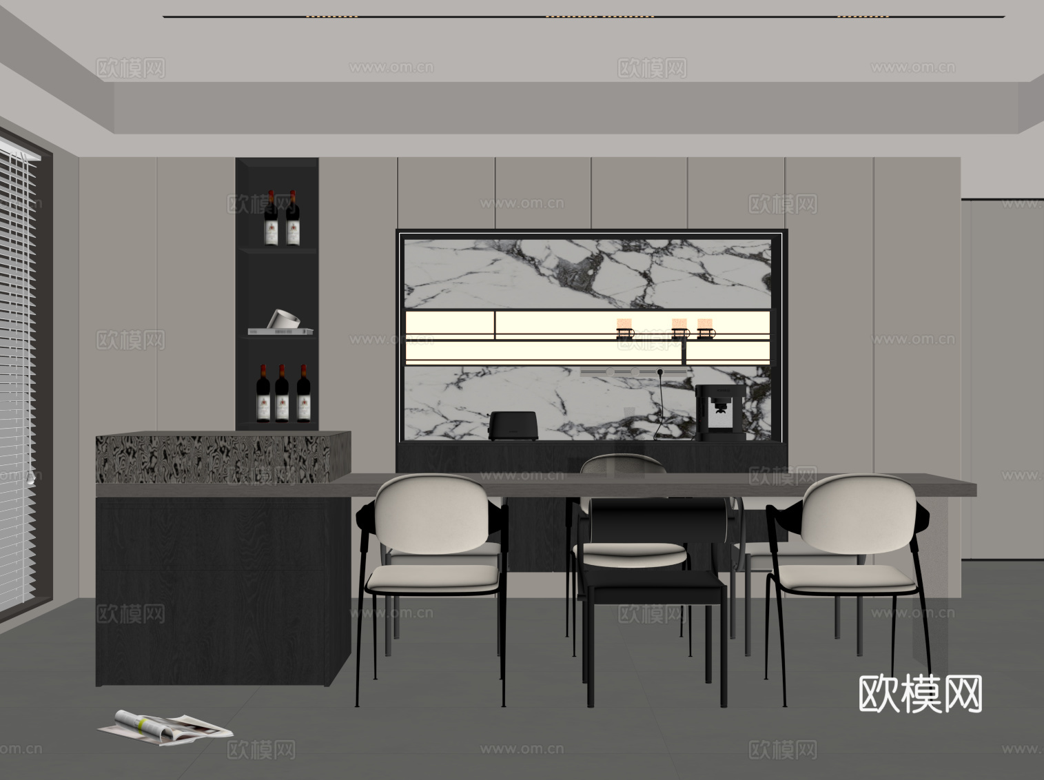 现代餐厅 岛台 餐桌椅 酒柜su模型