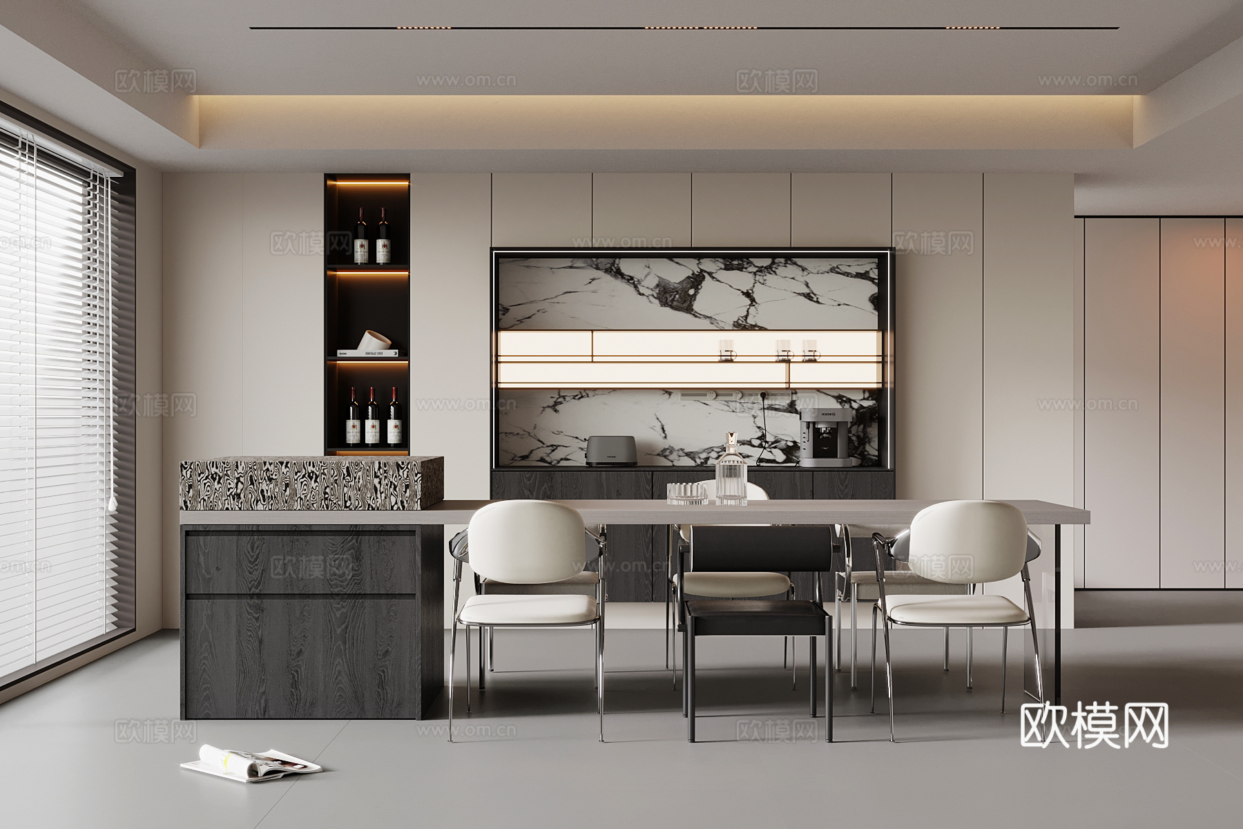 现代餐厅 岛台 餐桌椅 酒柜su模型