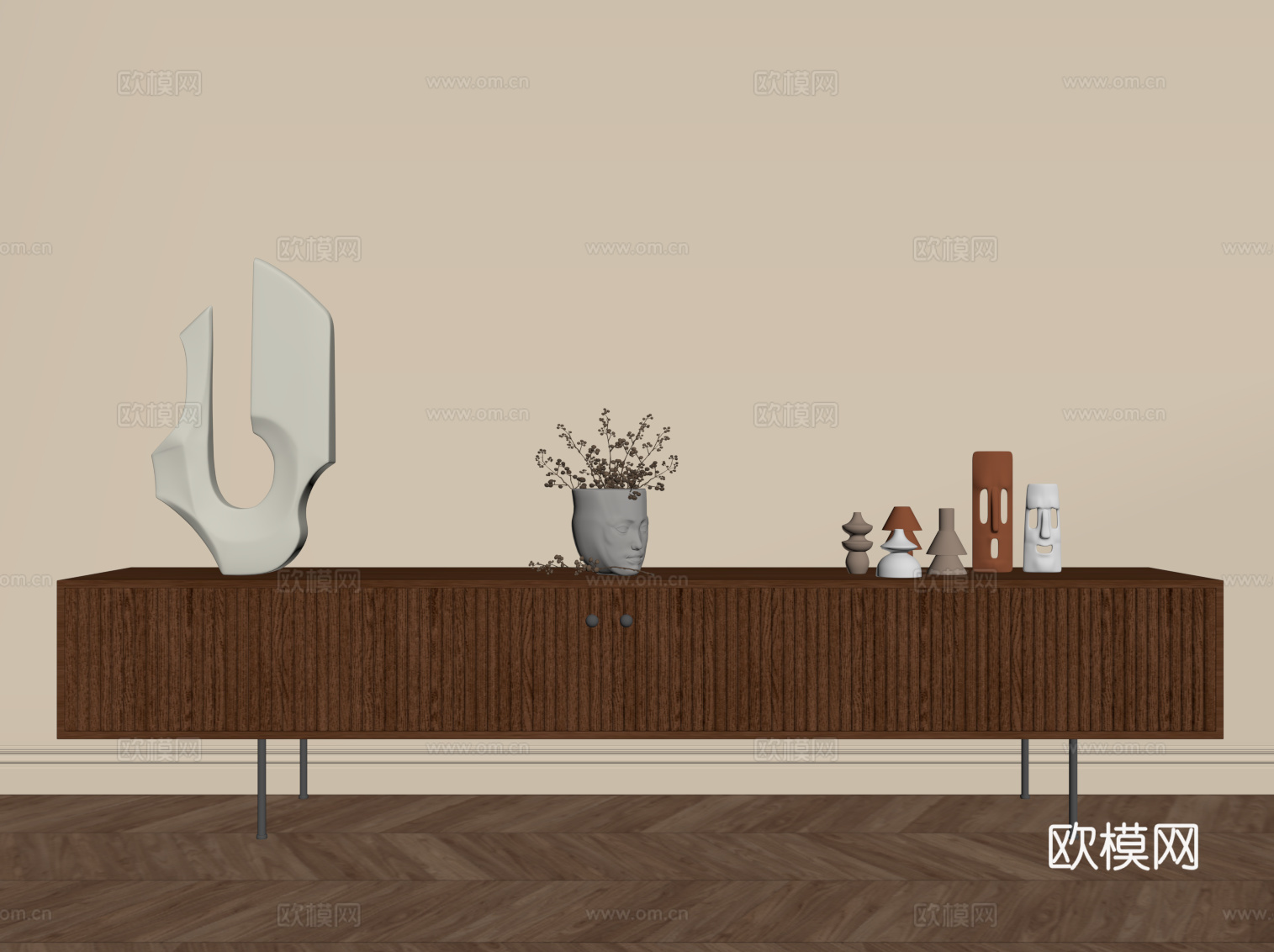 中古风电视柜 边柜su模型下载（渲染图2）