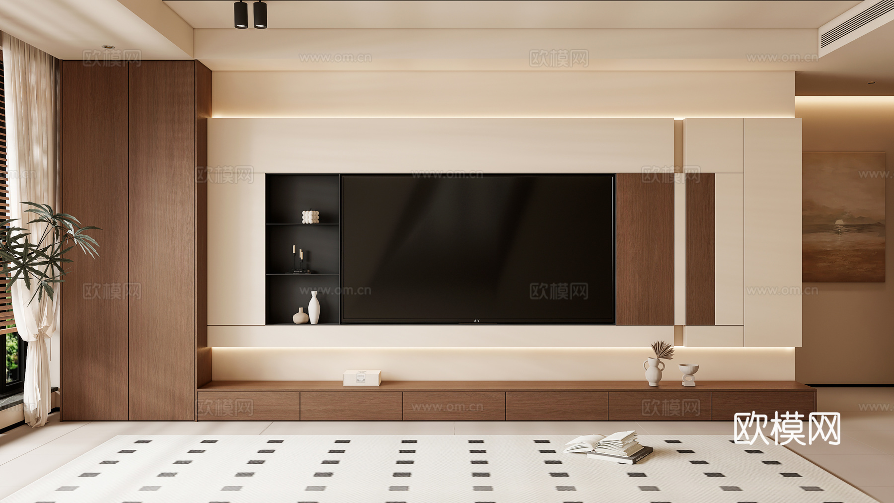 现代中古风电视背景墙 客厅电视墙 客厅电视墙阳台柜su模型