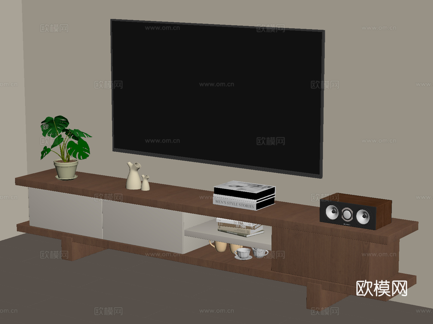 侘寂中古风电视柜su模型下载（渲染图2）