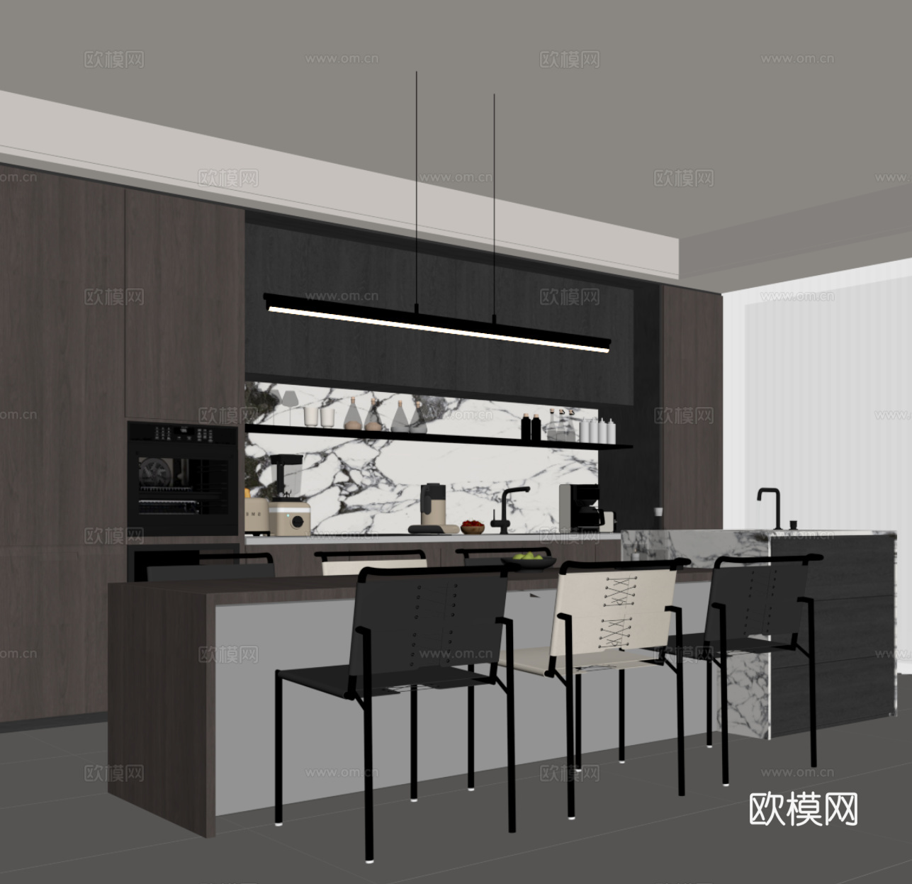 现代意式餐厅 岛台 餐桌椅 酒柜su模型