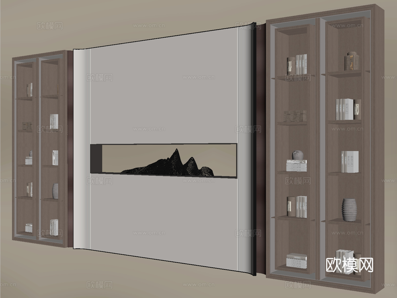 新中式背景墙 书柜 装饰柜su模型