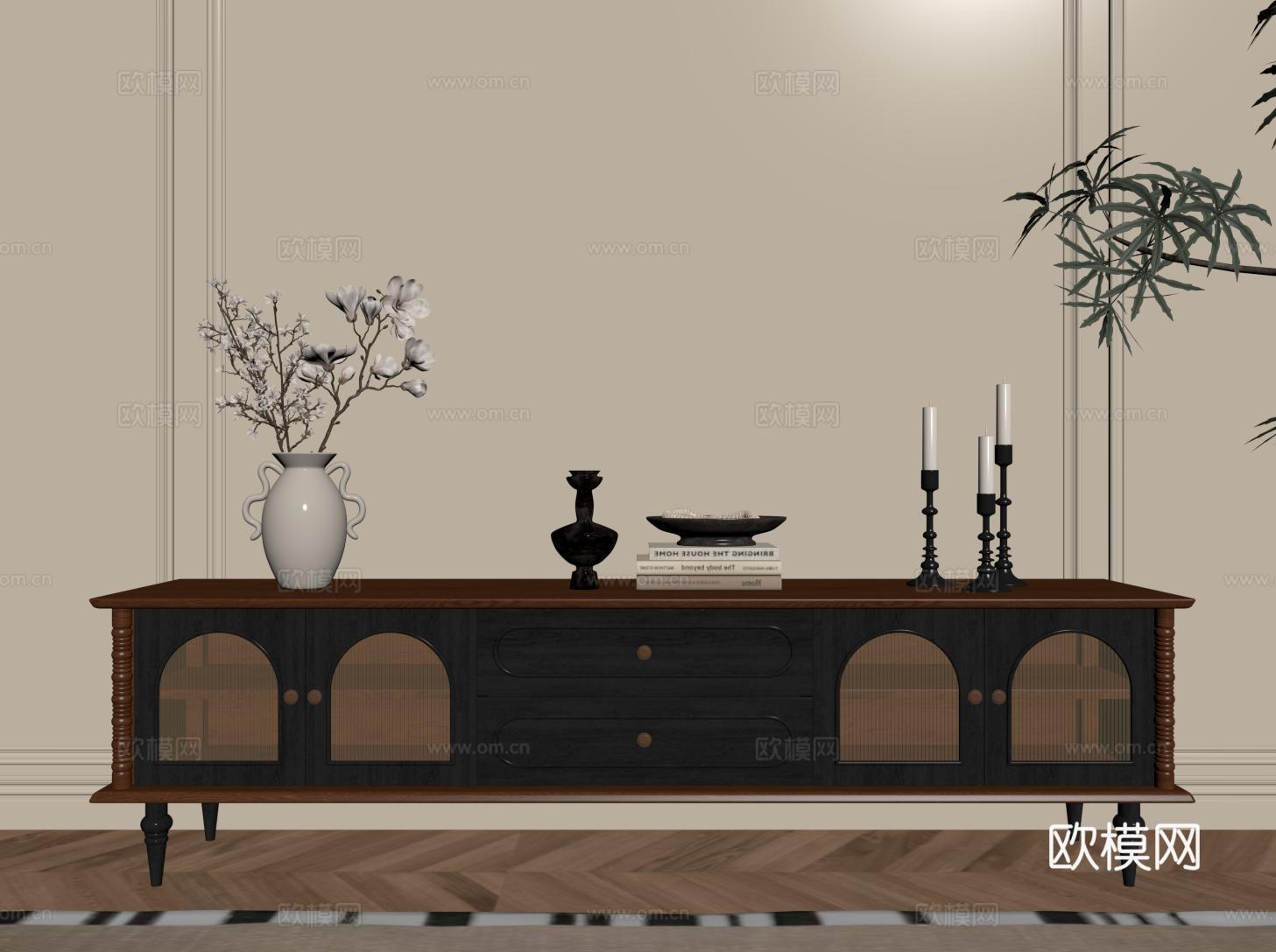复古中古电视柜su模型下载（渲染图2）