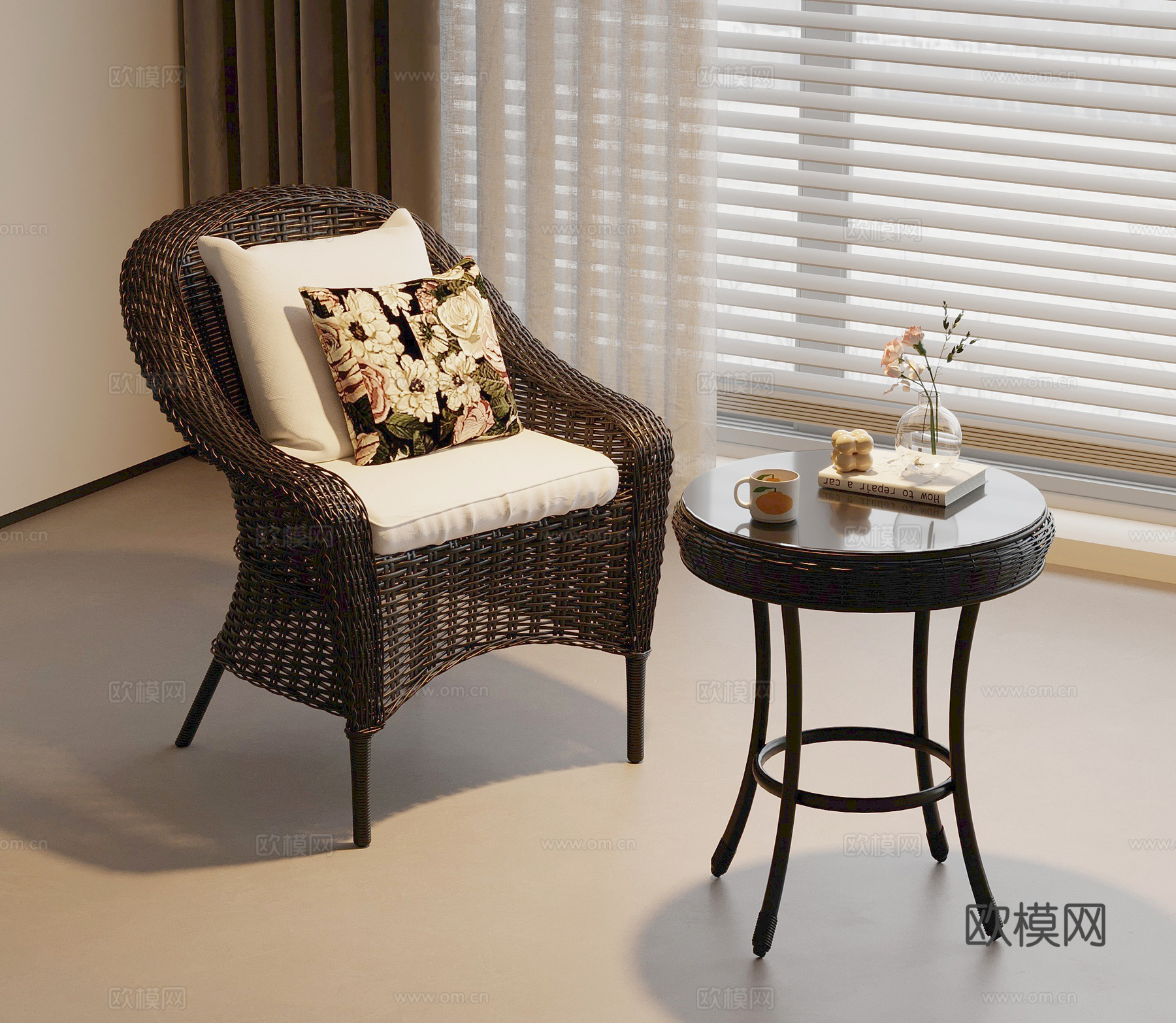 法式复古休闲椅 单人椅 藤编椅su模型