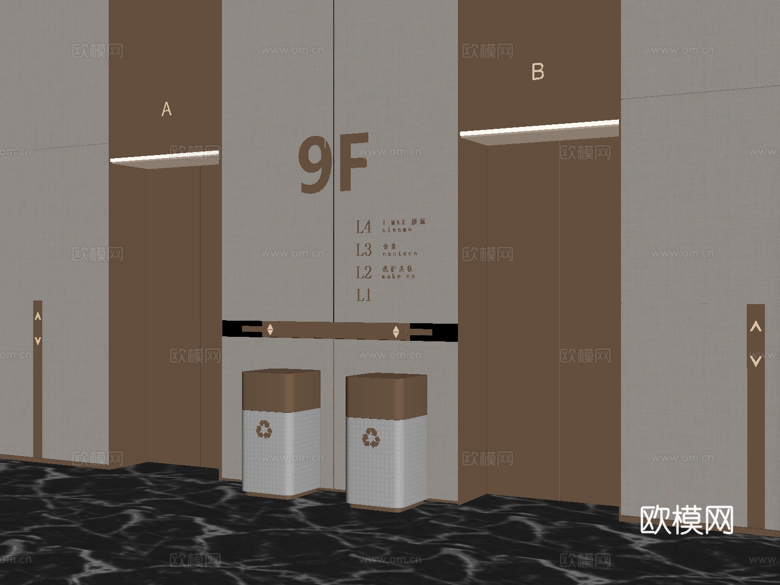 现代电梯厅 电梯间 升降梯 标识指示 垃圾桶su模型