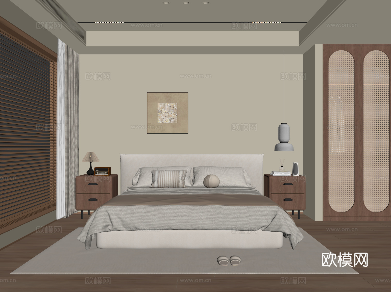 中古风卧室 双人床 床头柜su模型