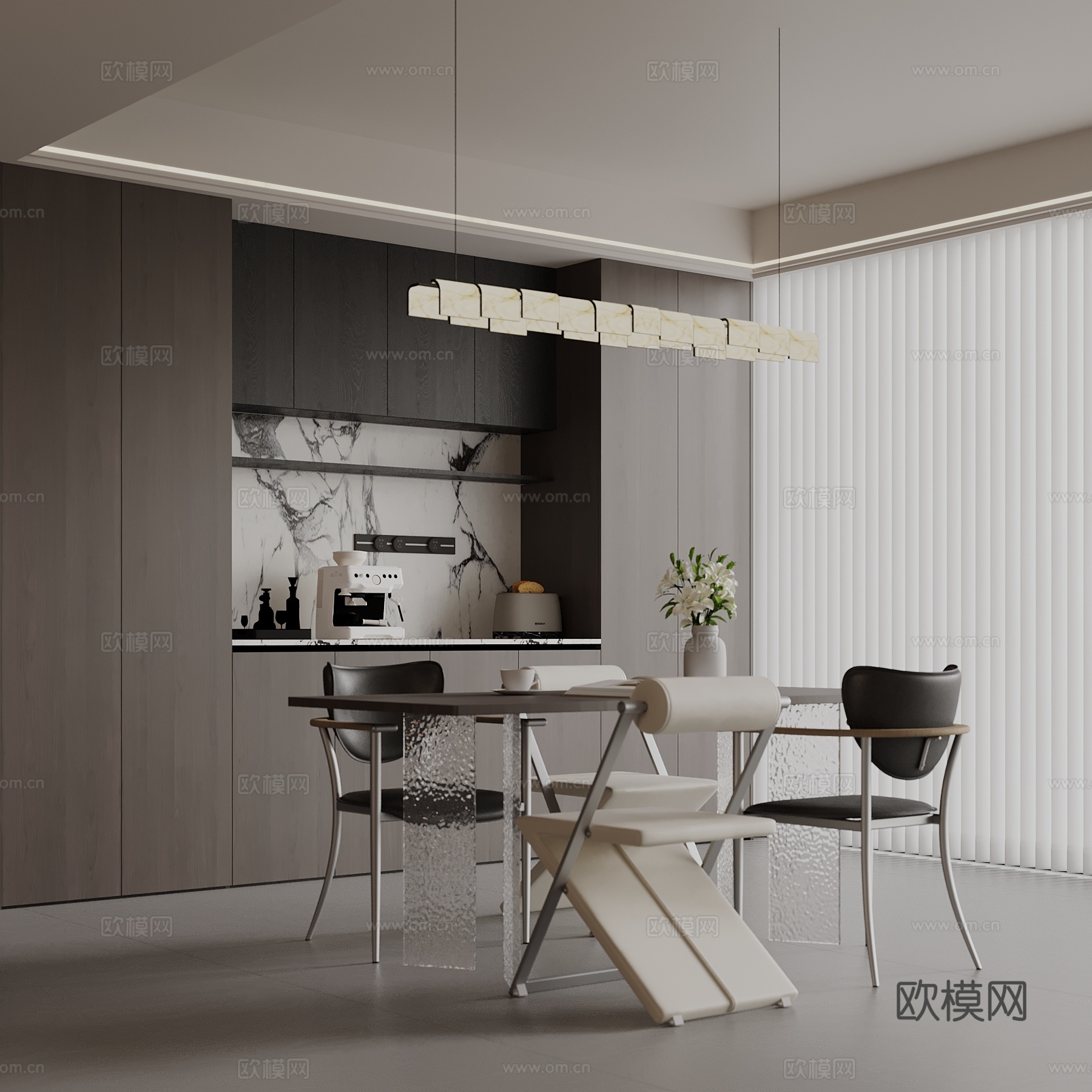 现代意式餐厅 餐桌椅 酒柜su模型