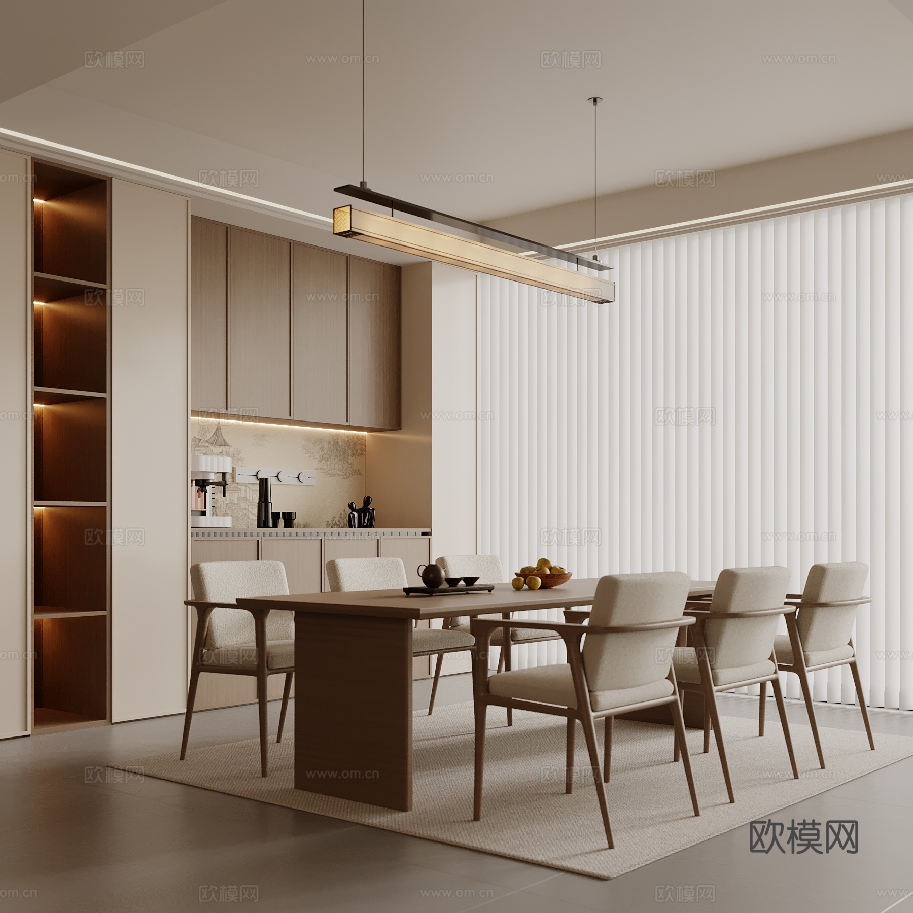 新中式餐厅 餐桌椅 酒柜su模型