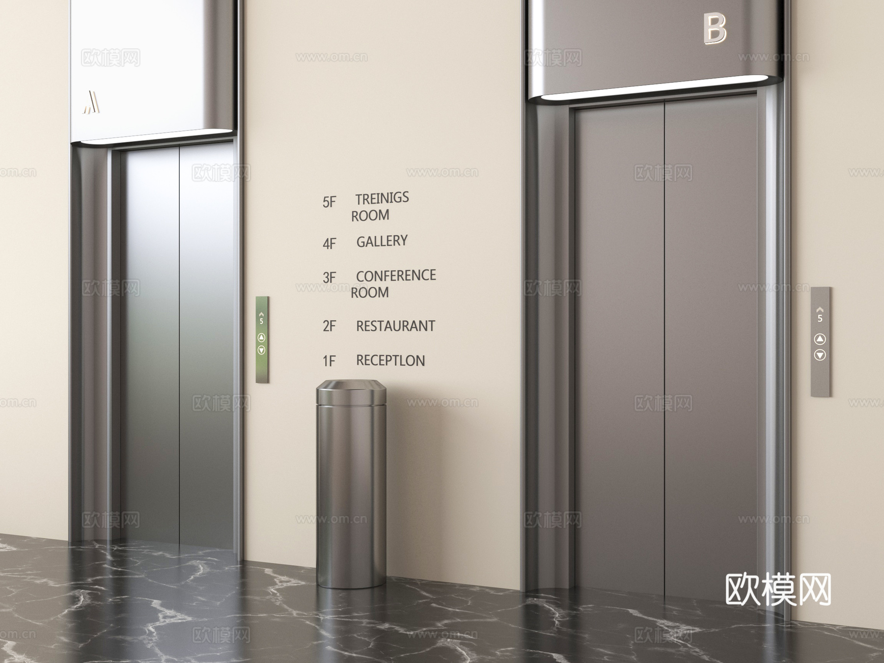 现代电梯厅 电梯间 升降梯 标识指示 垃圾桶su模型
