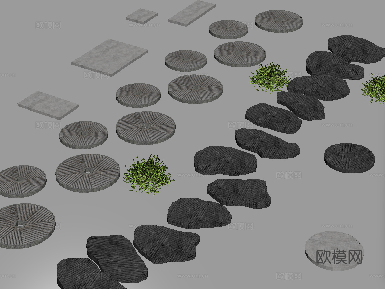 现代老石板 汀步 石板路 游步道 园林铺装su模型