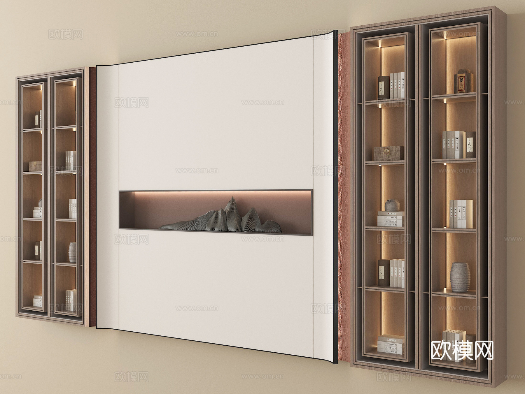 新中式背景墙 书柜 装饰柜su模型