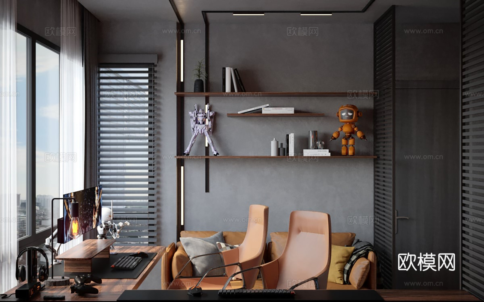 现代轻工业风公寓卧室 卧室工作室电竞房一体 酒店客房3d模型