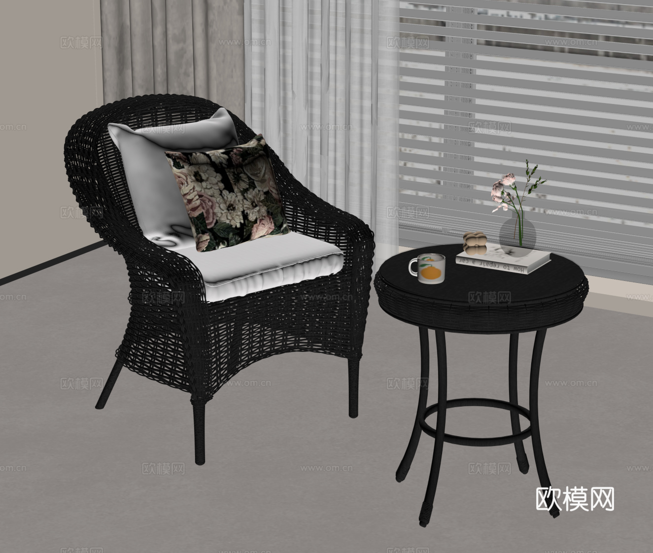 法式复古休闲椅 单人椅 藤编椅su模型