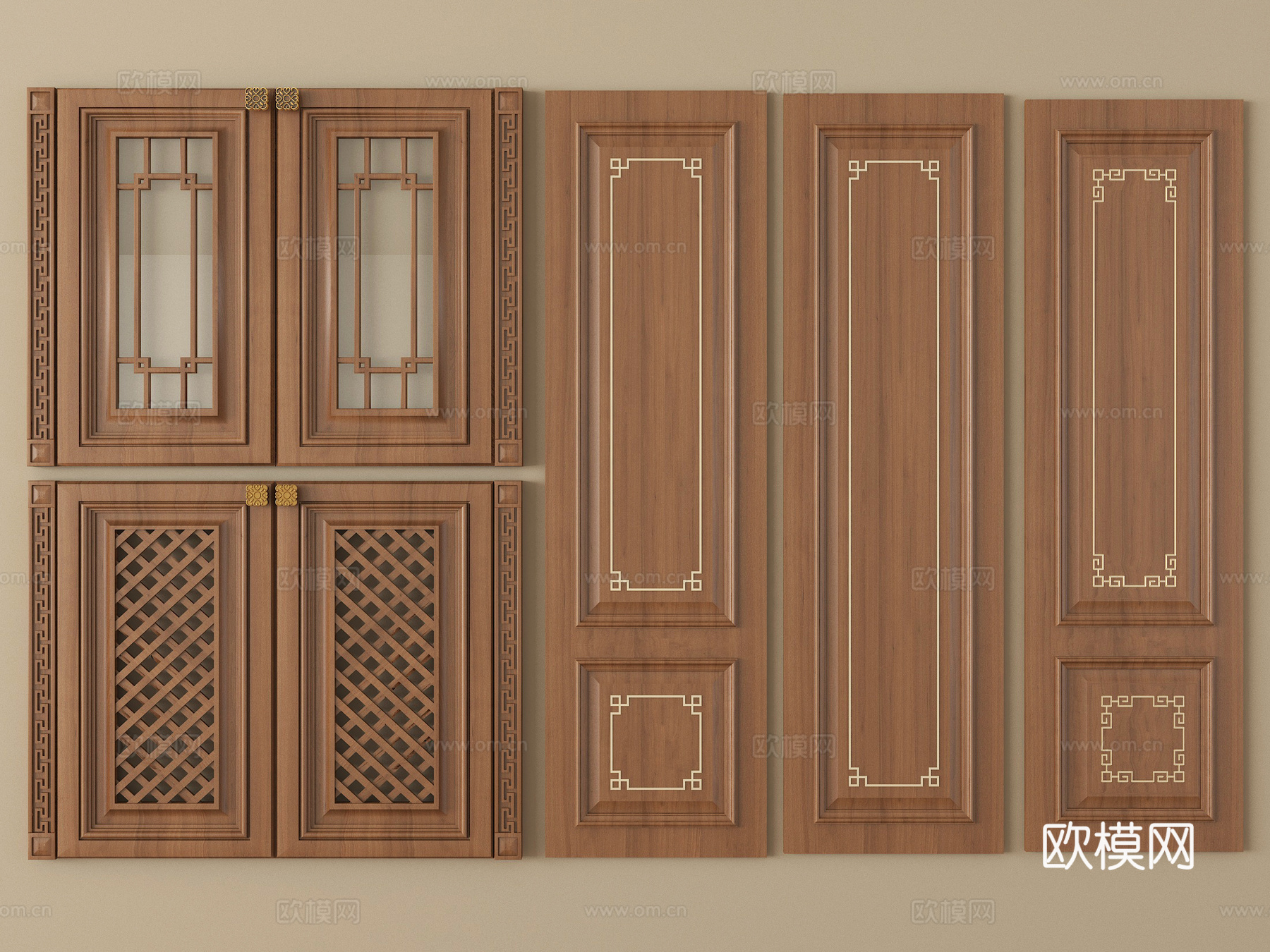 新中式门板 柜门板 护墙板 玻璃门板su模型下载（渲染图1）