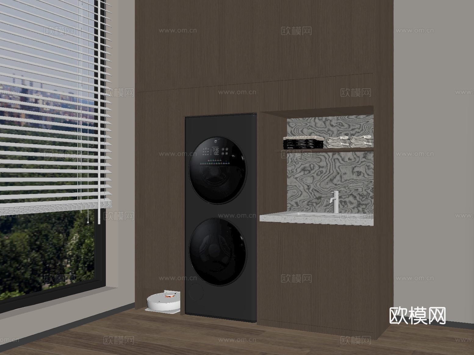 现代洗衣机柜 阳台柜 洗烘一体机 扫地机器人su模型