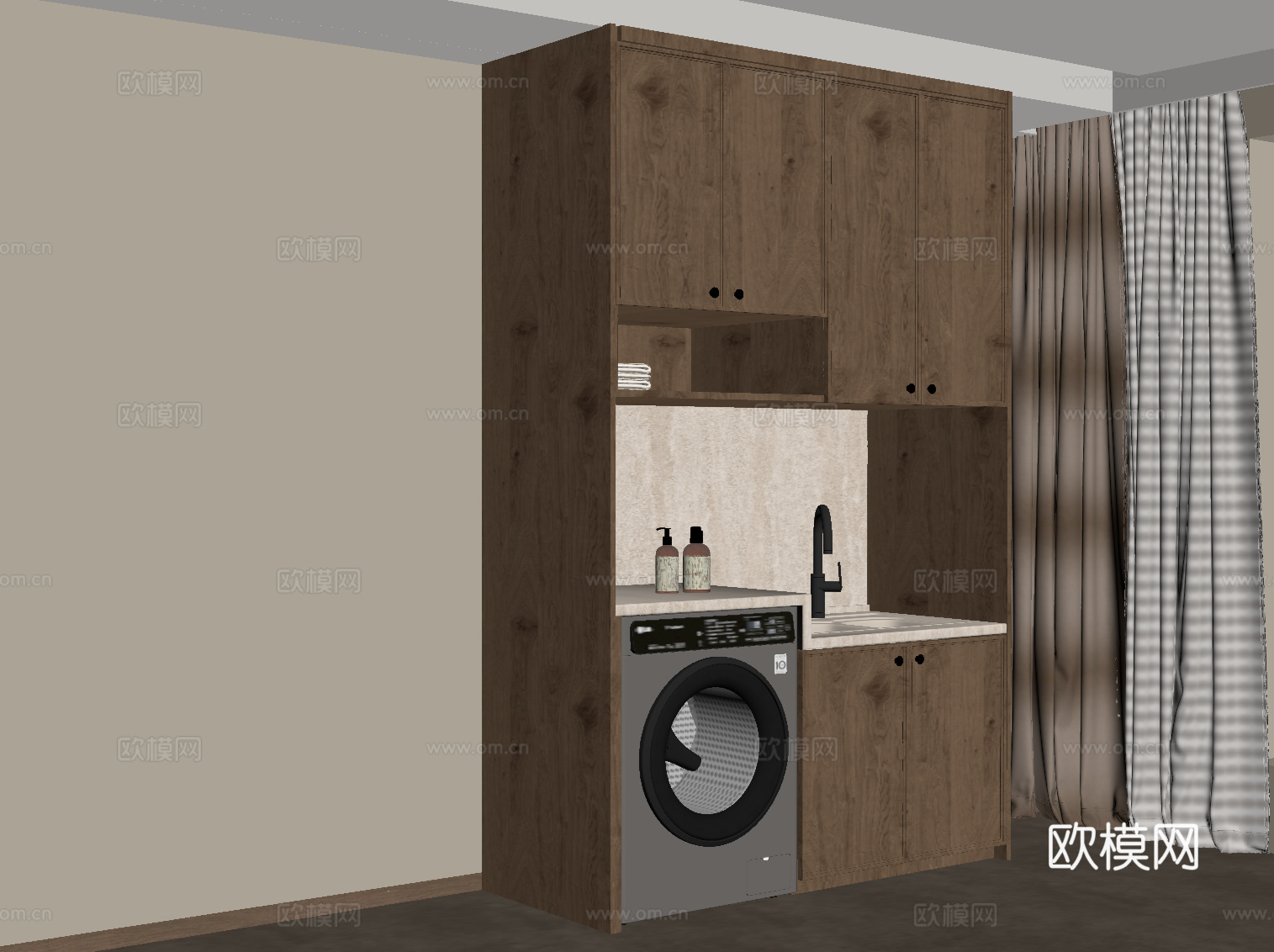 中古风阳台柜 洗衣机柜su模型