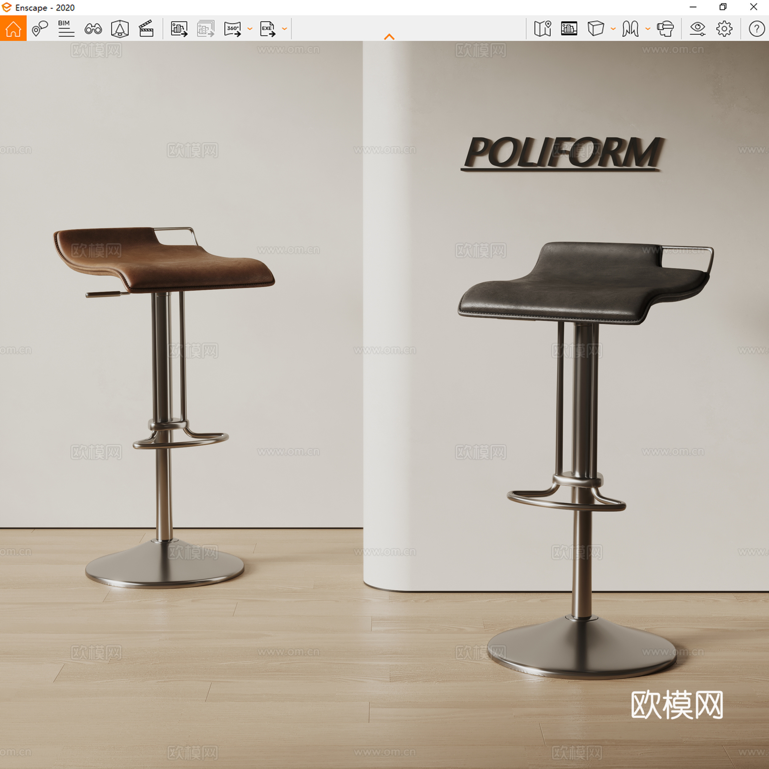 poliform现代凳子 旋转椅 皮革吧椅su模型