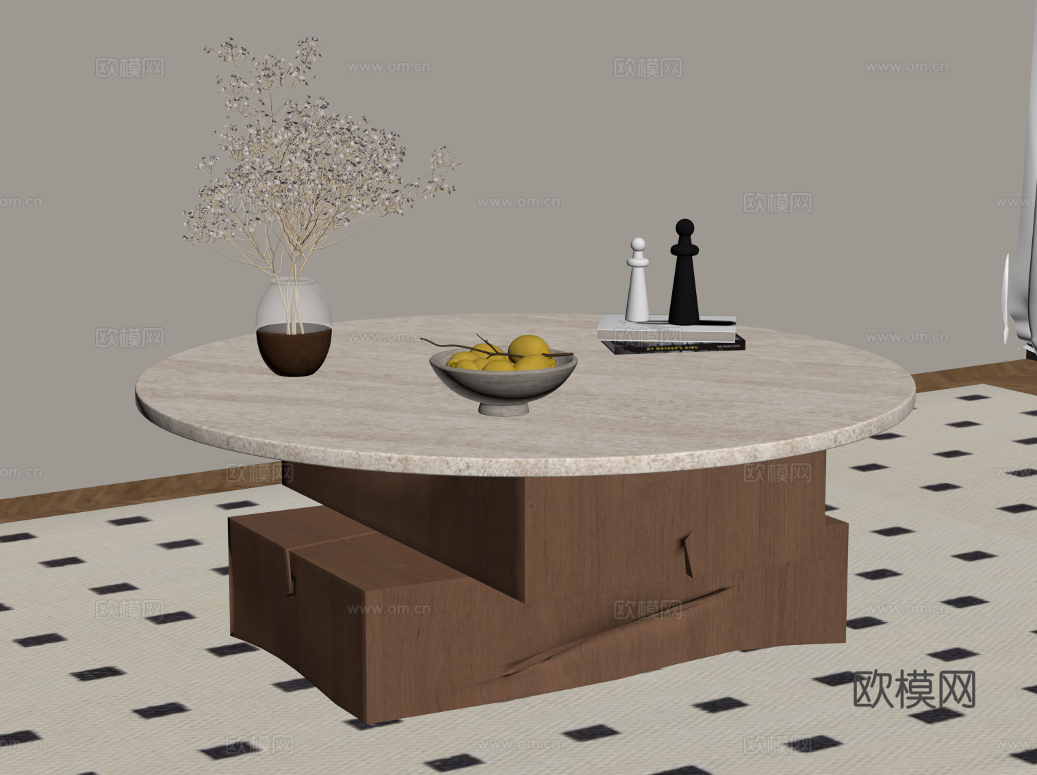 侘寂中古风茶几 大理石茶几su模型