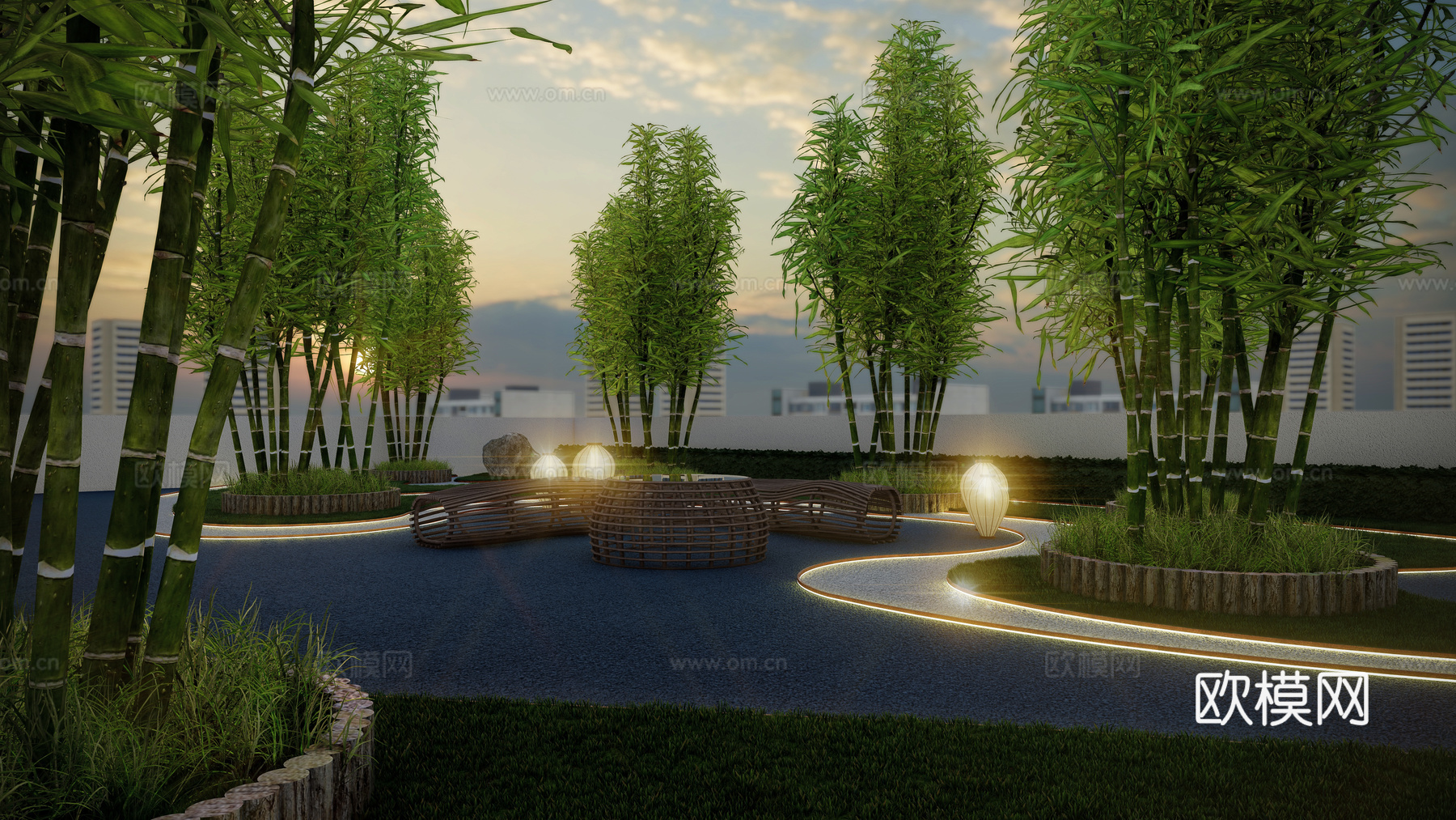 新中式屋顶花园 露台花园 花园平台 屋顶花园 花园su模型