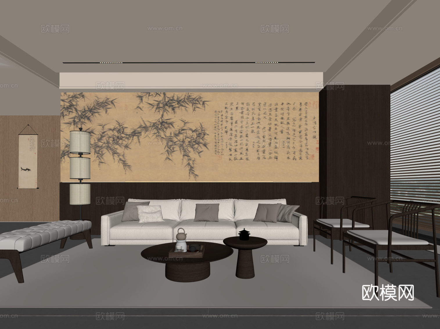 新中式客厅 沙发茶几组合 背景墙su模型