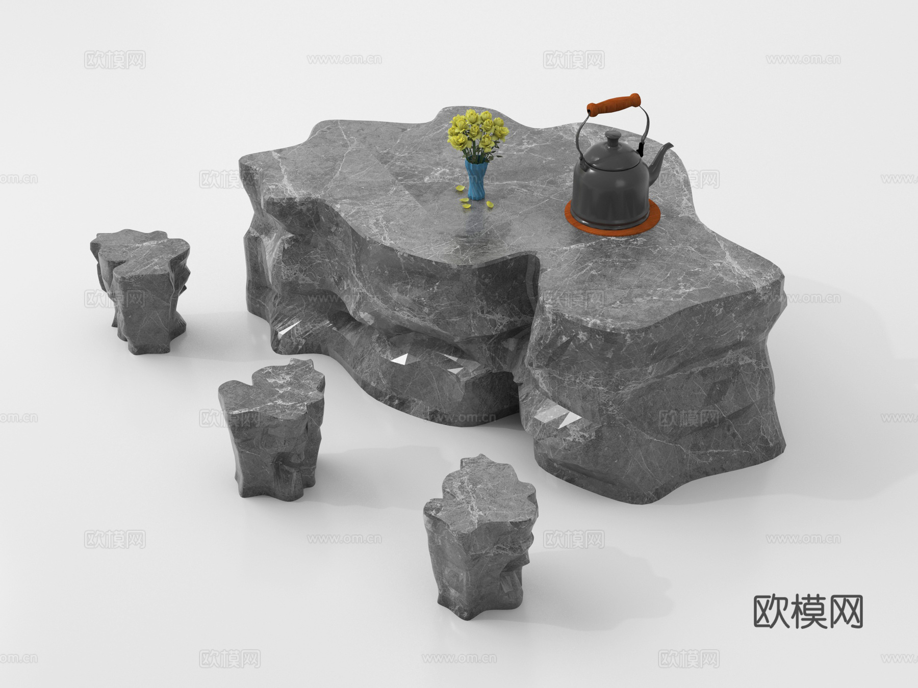 新中式石头户外桌椅 茶桌椅 休闲桌椅su模型