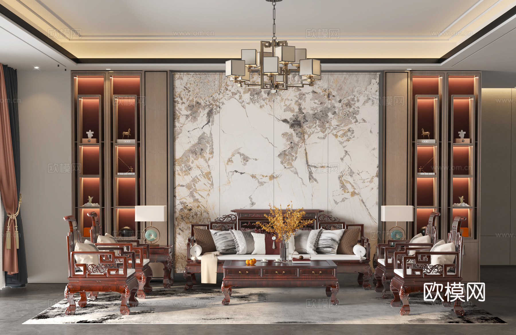 新中式客厅 客厅 实木沙发 中式沙发su模型