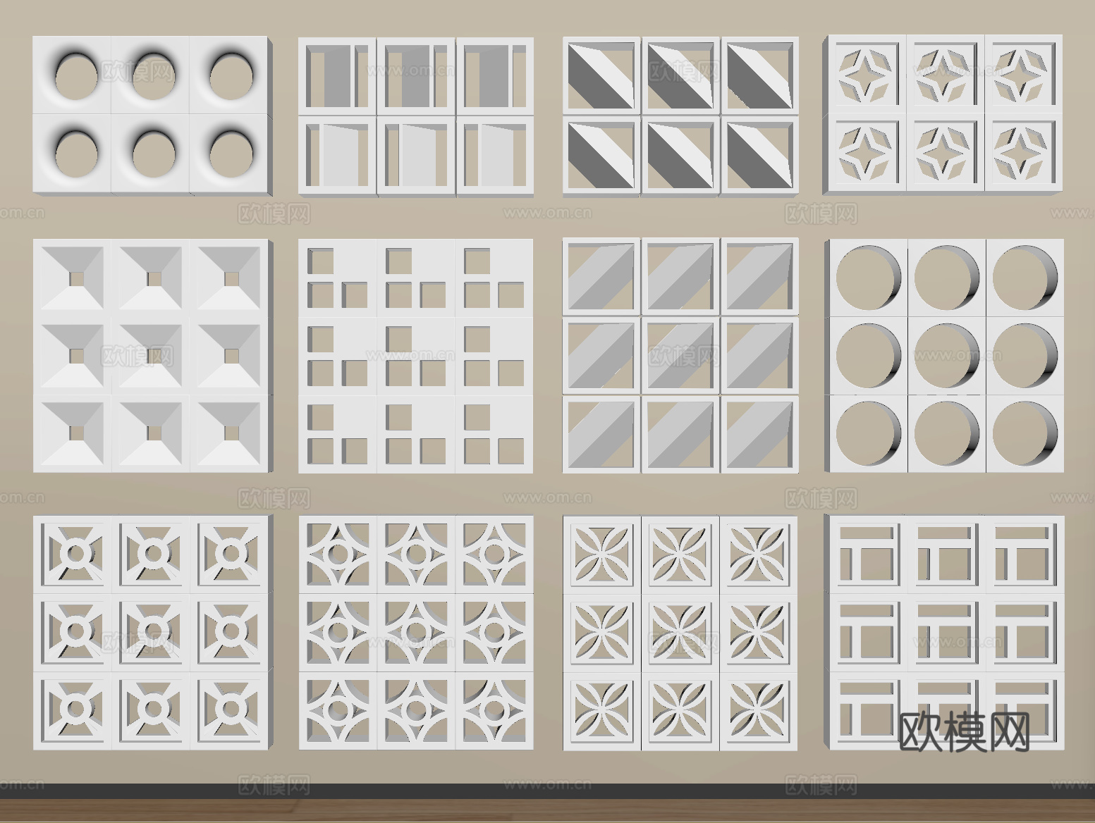 现代水泥砖隔断 镂空水泥砖隔断 空心砖 镂空砖su模型