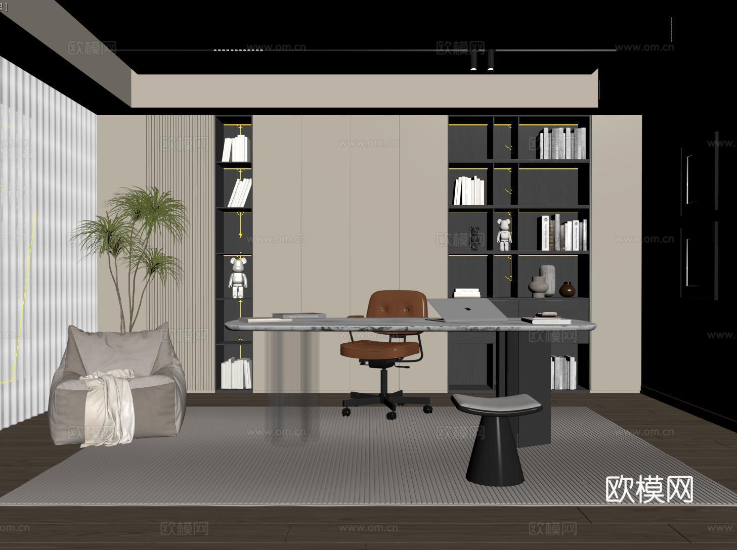 现代书房 书柜 书桌椅 绿植盆栽su模型