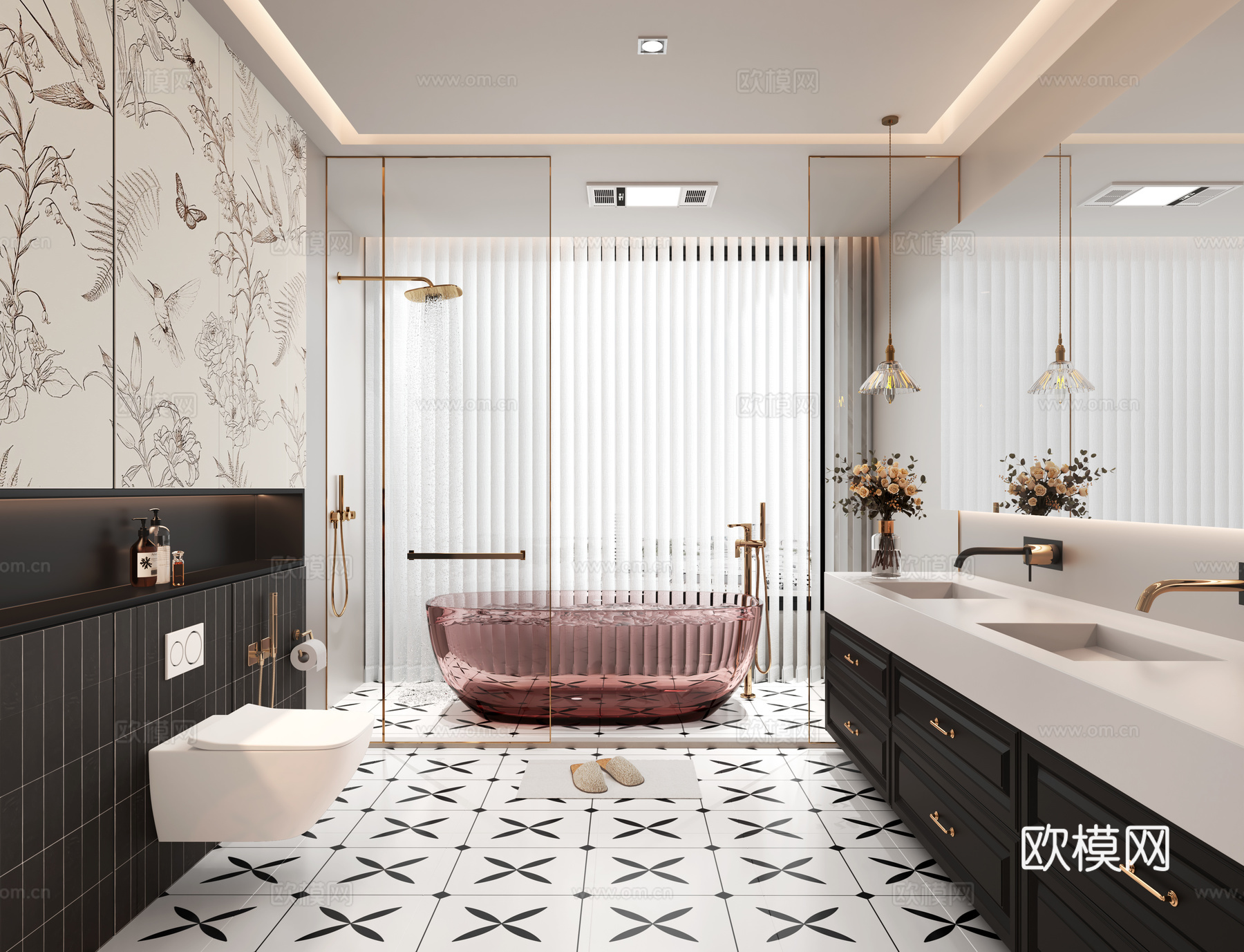 法式卫生间 马桶 浴缸 吊灯3d模型下载