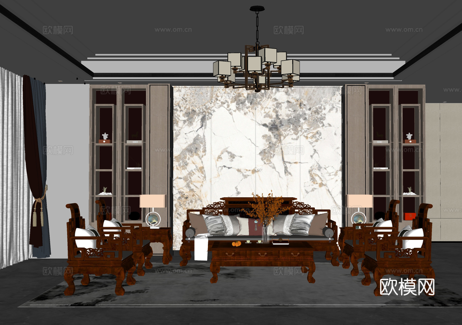 新中式客厅 客厅 实木沙发 中式沙发su模型