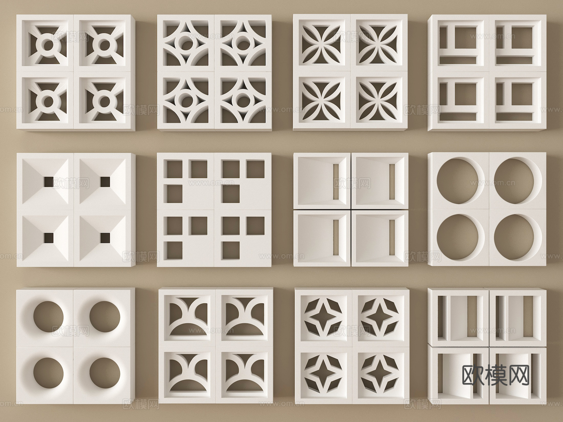 现代水泥砖隔断 镂空水泥砖隔断 空心砖 镂空砖su模型