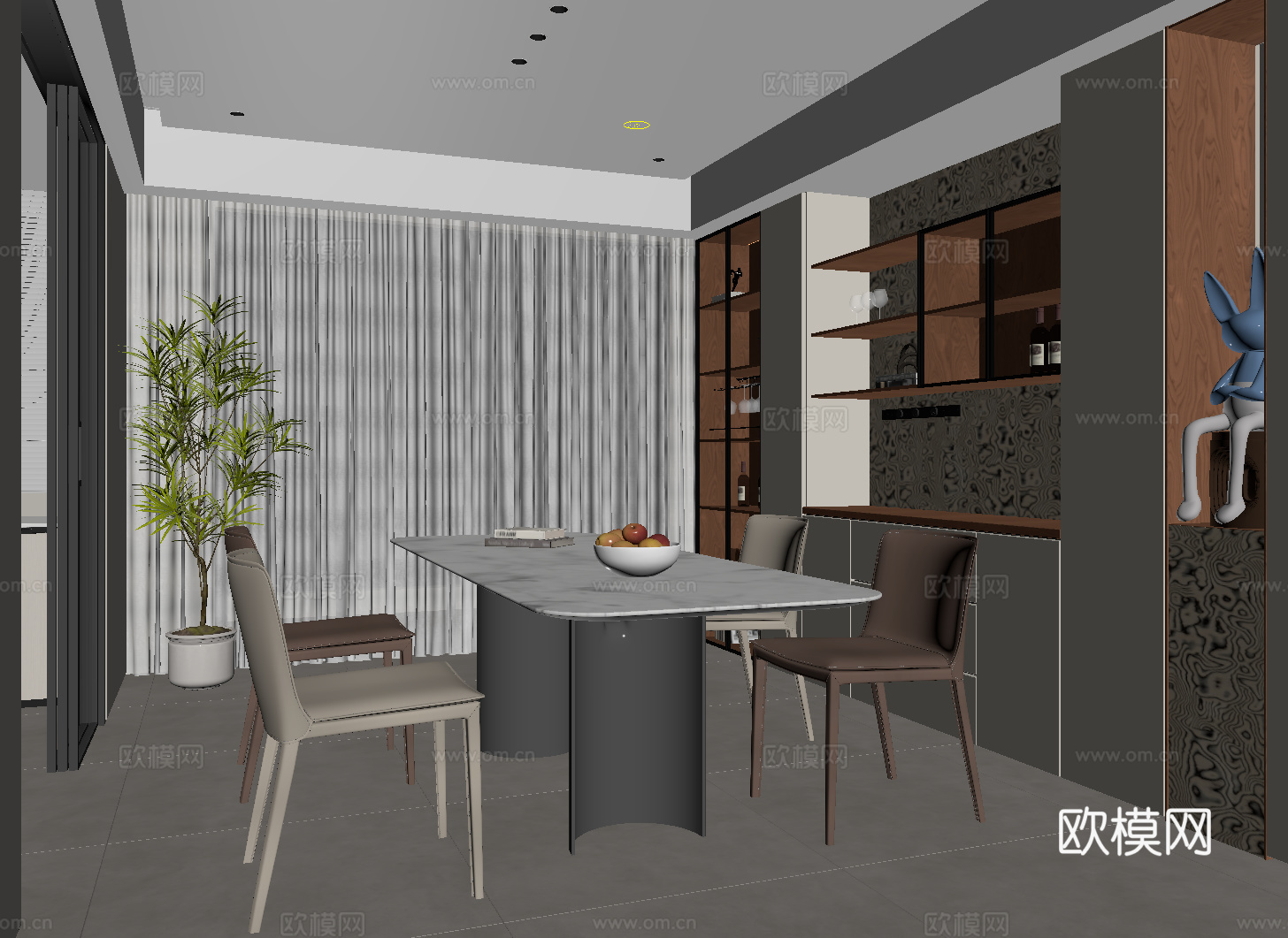 现代餐厅 酒柜 绿植盆栽 餐桌椅su模型