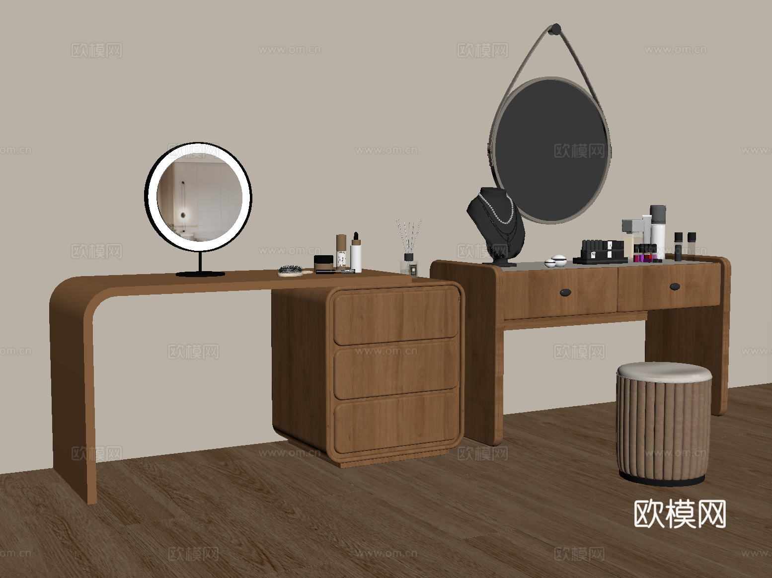 现代法式梳妆台 化妆台 化妆镜 化妆凳su模型